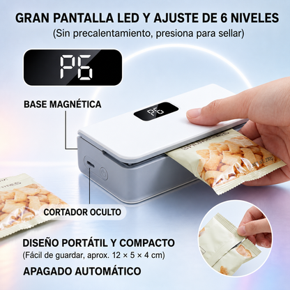 Selladora de Bolsas Portátil 2 en 1 con Cortador, Pantalla LED y 6 Niveles – Base Magnética.