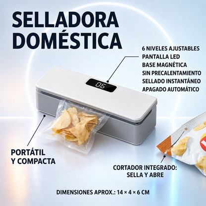 Selladora de Bolsas Portátil 2 en 1 con Cortador, Pantalla LED y 6 Niveles – Base Magnética.