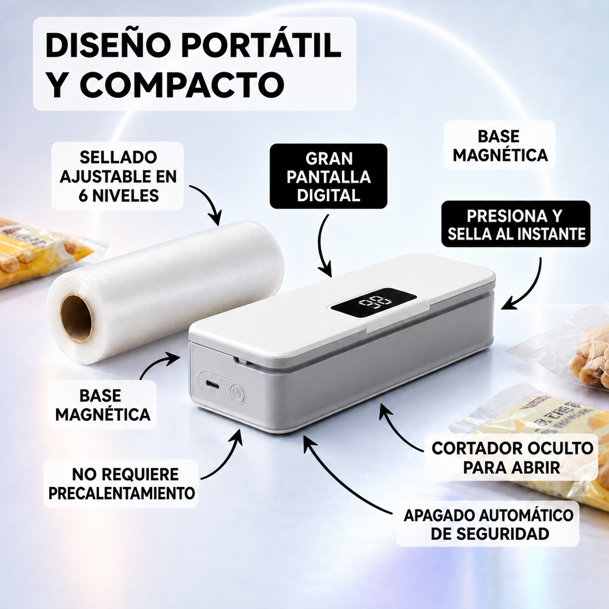 Selladora de Bolsas Portátil 2 en 1 con Cortador, Pantalla LED y 6 Niveles – Base Magnética.