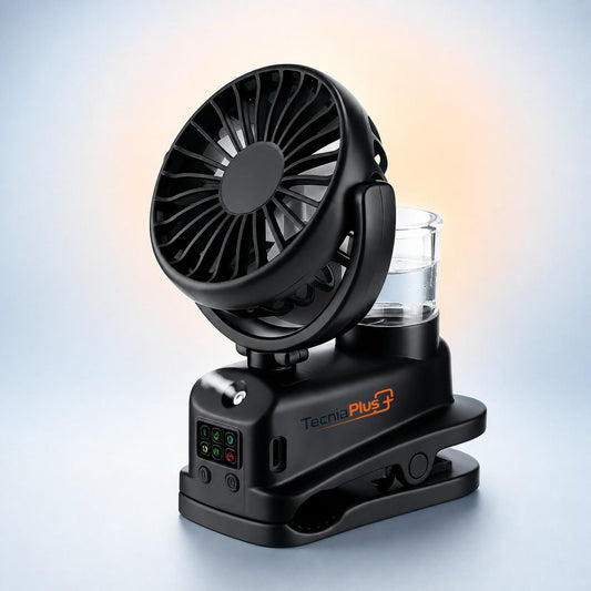 Ventilador portátil AeroClip Pro negro con pinza y función de bruma
