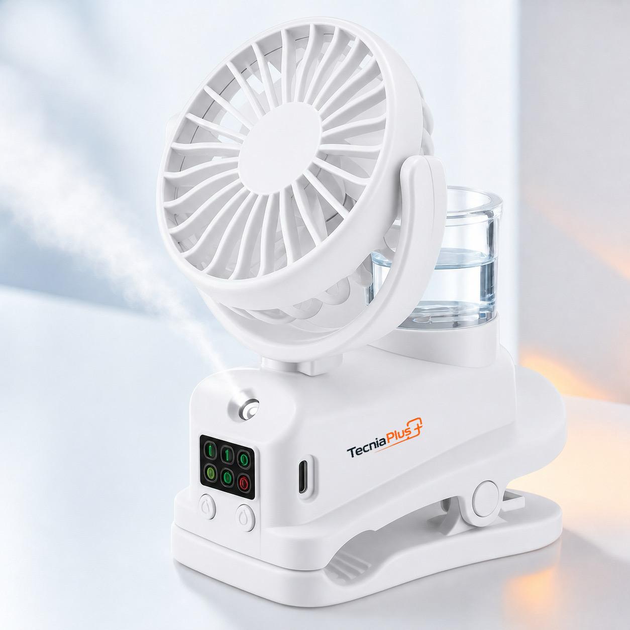 Ventilador portátil AeroClip Pro blanco con pinza y función de bruma
